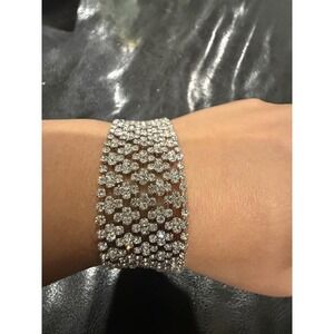 Sparkling Crystal‎ Flower Bracelet Wide Cuff Glamorous Statement Jewelry